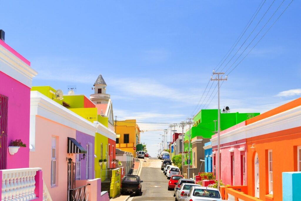 Vibrant, colourful houses lining the streets of Bo-Kaap in Cape Town, South Africa