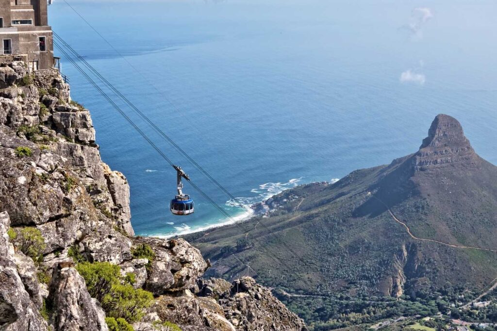 Cable car ascending Table Mountain with panoramic views of Cape Town below