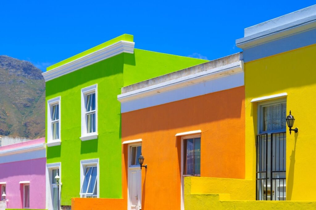 Colourful houses lining the historic streets of Bo-Kaap in Cape Town