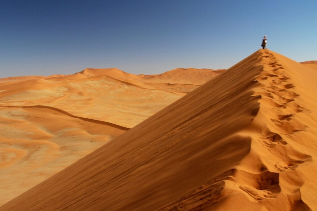 Travellers climbing and exploring Dune 7, the tallest dune in Namibia, under the desert sun